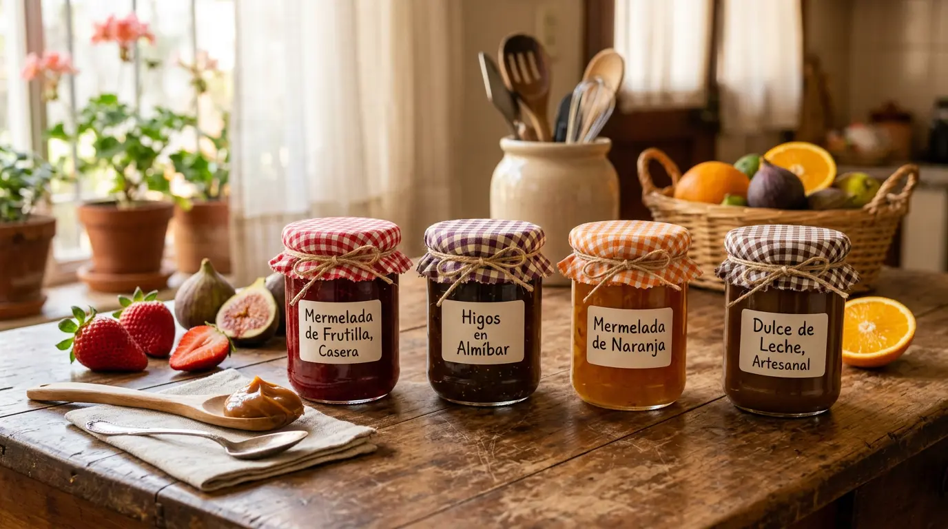 Frascos de mermelada casera, dulce de leche y postres sobre una mesa de madera